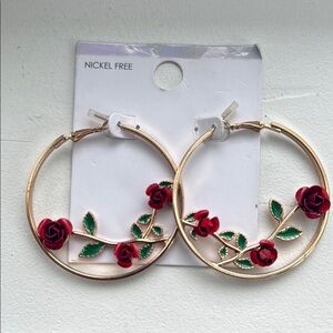 Gold Hoop Earrings with Red Rose Accents